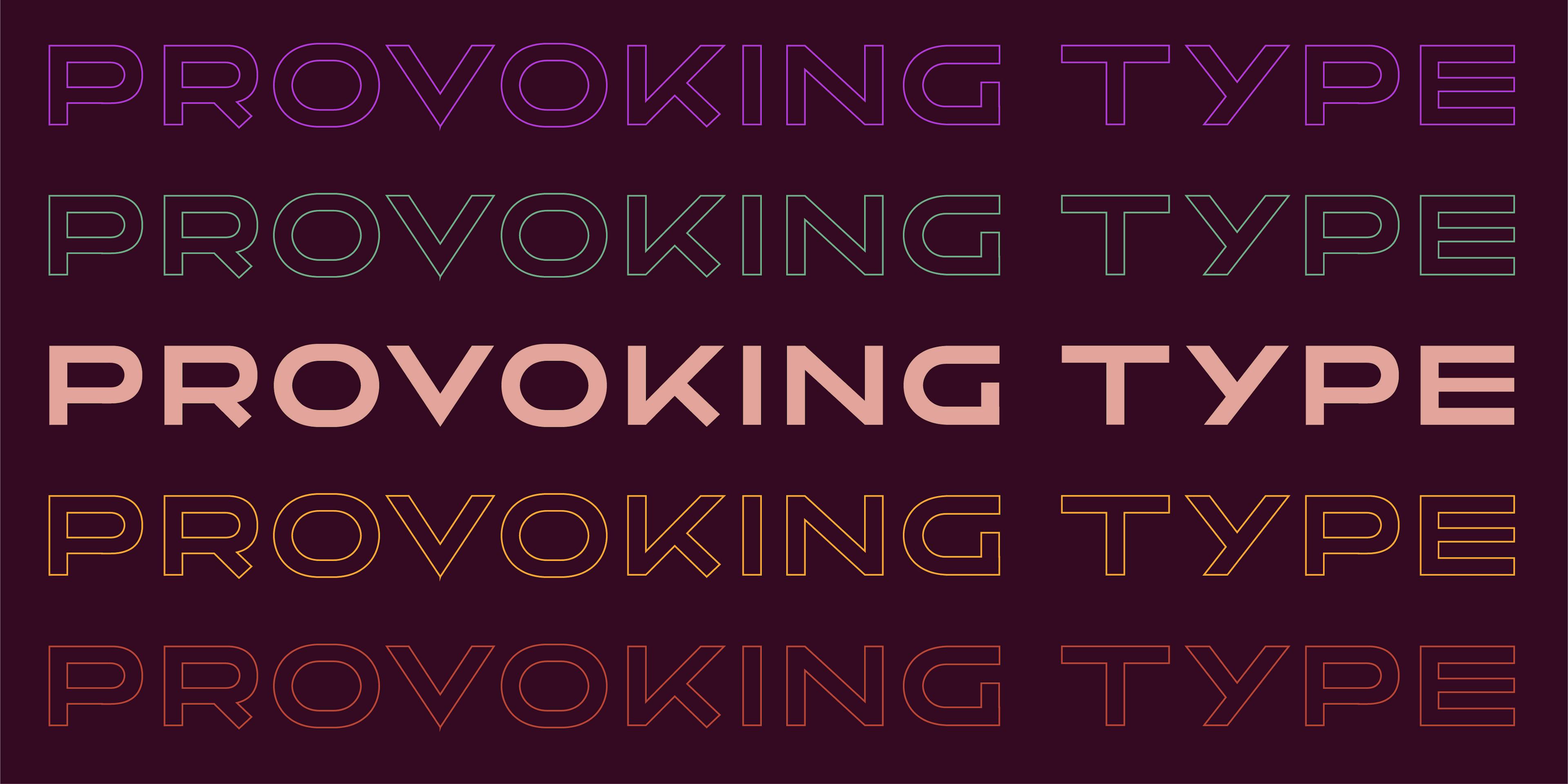 The words "Provoking Type" repeated 5 times with differing colors on dark magenta background